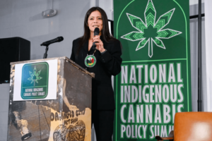 Mary Jane Oatman, executive director of the Indigenous Cannabis Industry Association, speaks at the inaugural National Indigenous Cannabis Policy Summit in Washington, D.C.,