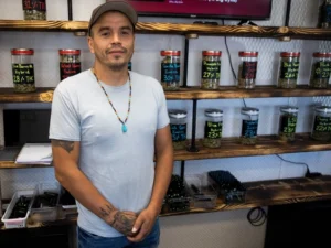 Brendan Anderson, Manager of Miyo Askiy Cannabis stands for a portrait inside the temporary store front on Wednesday, July 26, 2023 in Regina. PHOTO BY KAYLE NEIS /Regina Leader-Post