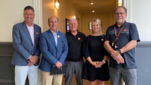 From left to right: Brent Hannay, Tom Mann, Galen Augustine, Denise Hannay and Natoaganeg First Nation Chief George Ginnish pictured on June 14, 2023. (CTV Atlantic/Alana Pickrell)