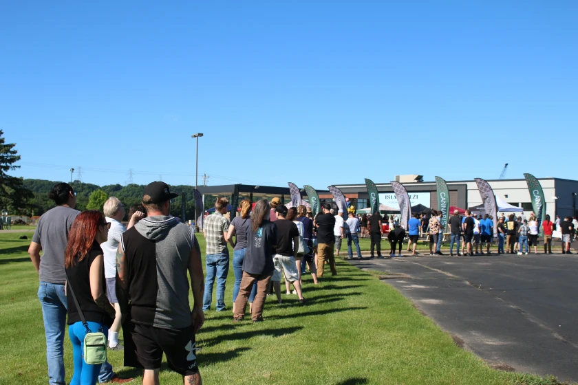 Hundreds of people wait in line during the grand opening of Island Peži on Saturday, June 29, 2024, in the Prairie Island Indian Community near Welch, Minnesota. The store is the first recreational cannabis dispensary in Southeast Minnesota.Rebecca Mitchell / Post Bulletin